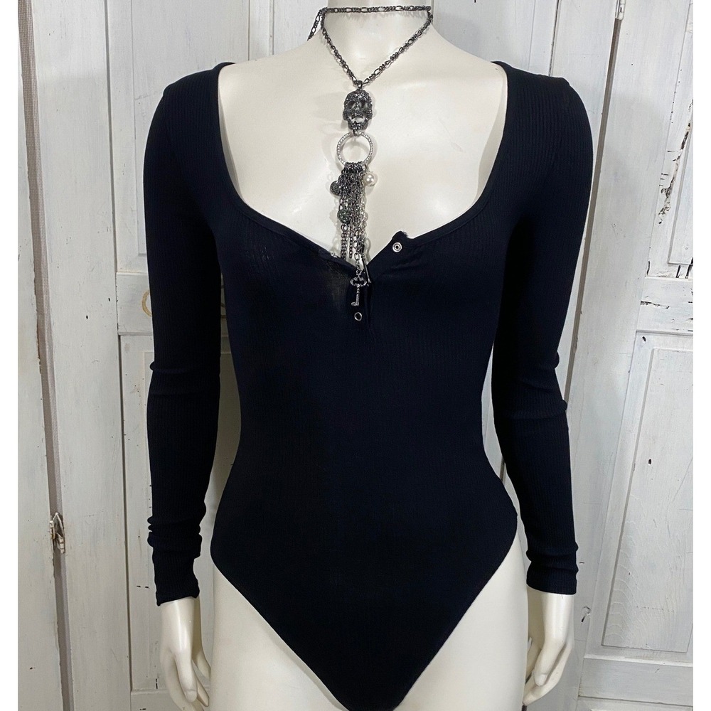 Topshop Henley Bodysuit‎ SZ 2 Black Ribbed Long Sleeve Snap Front Noir Layering